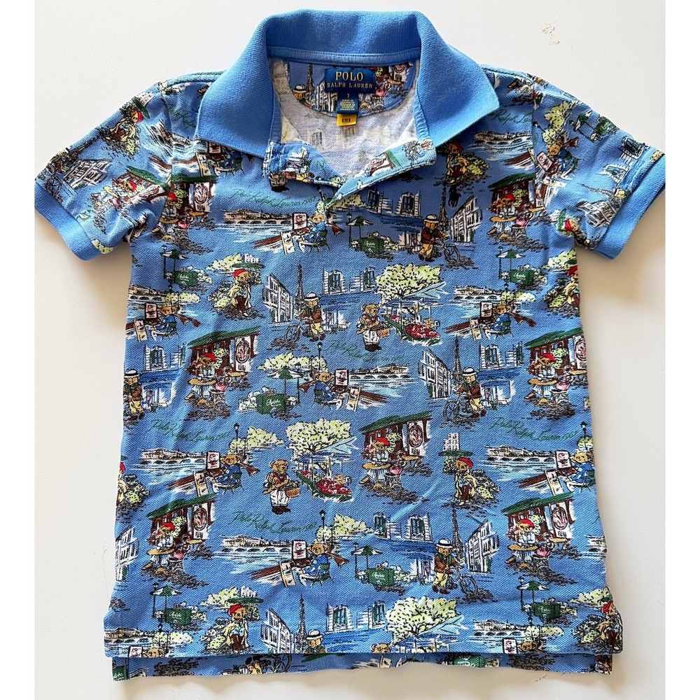 Ralph Lauren Kids Bear Paris Polo Print Shirt In Size 7